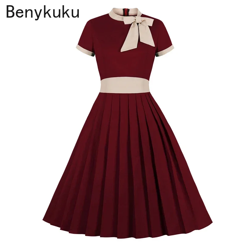 Bow Tie Neck Elegant High Waist Swing Cotton Dresses Summer Clothes Women 50s Vintage Red Turquoise Pleated Party Midi Dress