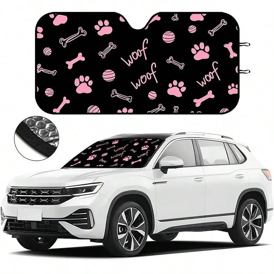 Foldable Car Windshield Sunshade With Suction Cups Pink Paw Bone Dog Pattern UV Protection