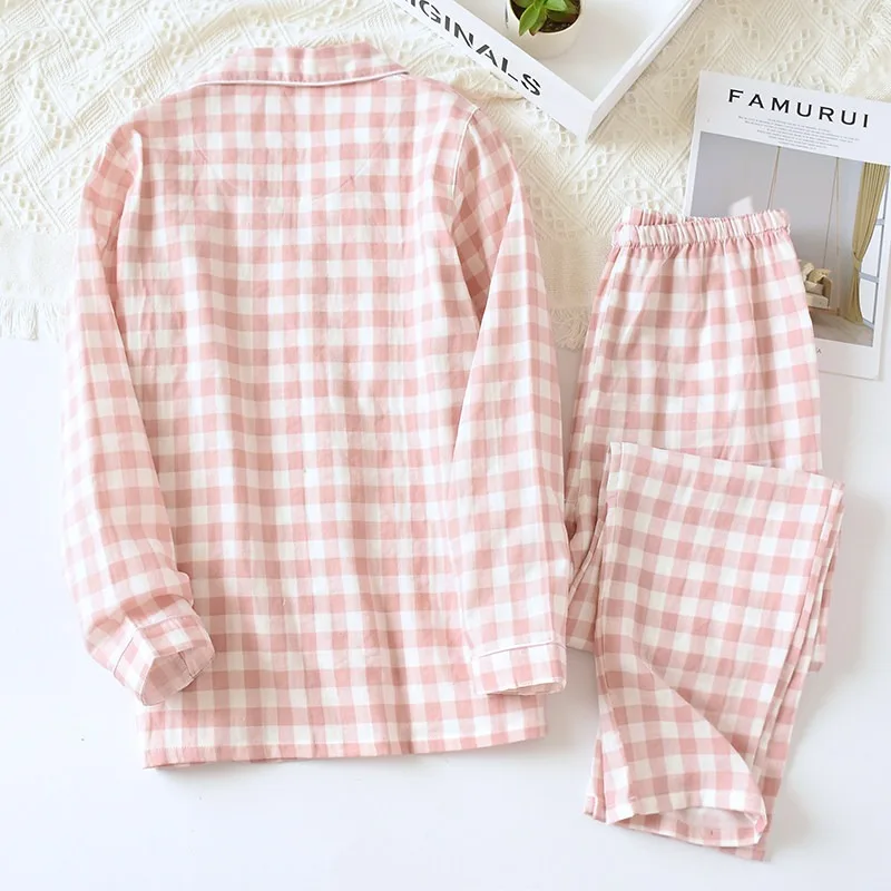 2pcs Women's Matching Couple Pajama Set Japanese Style 100% Cotton Double Layer Gauze Long Sleeve Lightweight Soft Breathable Lo