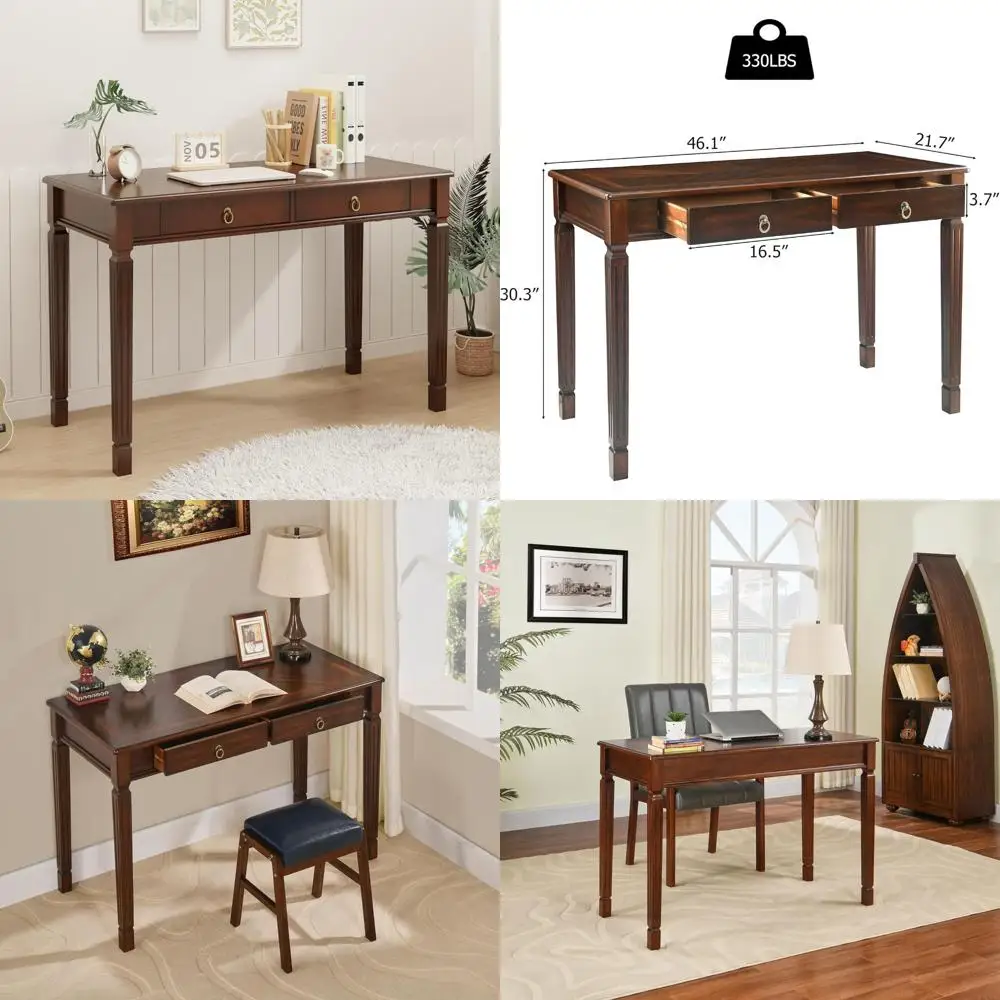 

Large Solid Wood Corner Desk with 2 Drawers and Carved Legs, French Provincial Style Vanity Table