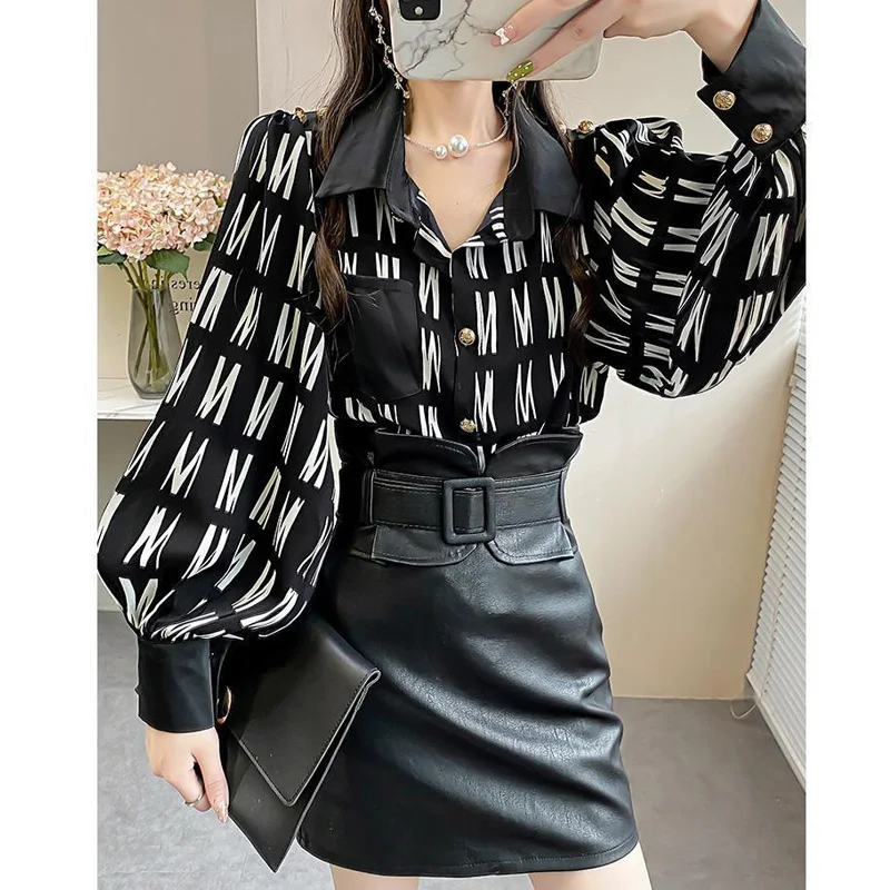 

Letter Printing Patchwork Blouse Spring New Long Sleeve Polo Neck Loose Chiffon Office Shirt Tops Vintage Fashion Women Clothing