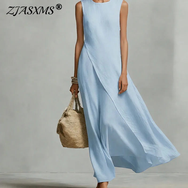 

Casual Loose Asymmetrical Hem Long Dresses Woman Spring Elegant O Neck Solid A-Line Dress 2026 Summer Sleeveless Tank Maxi Dress