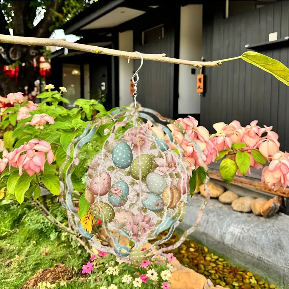 A Vintage Floral Adorned Easter Egg Wind Chime, Featuring a 3D Rotating Design, Large Outdoor Bird Deterrent