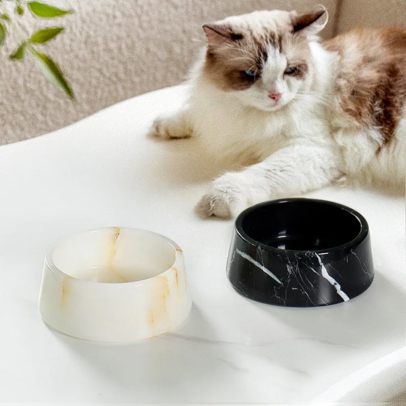 Simple high-end natural marble pet bowl cat dog food basin bowl designer light luxury ornament food basin