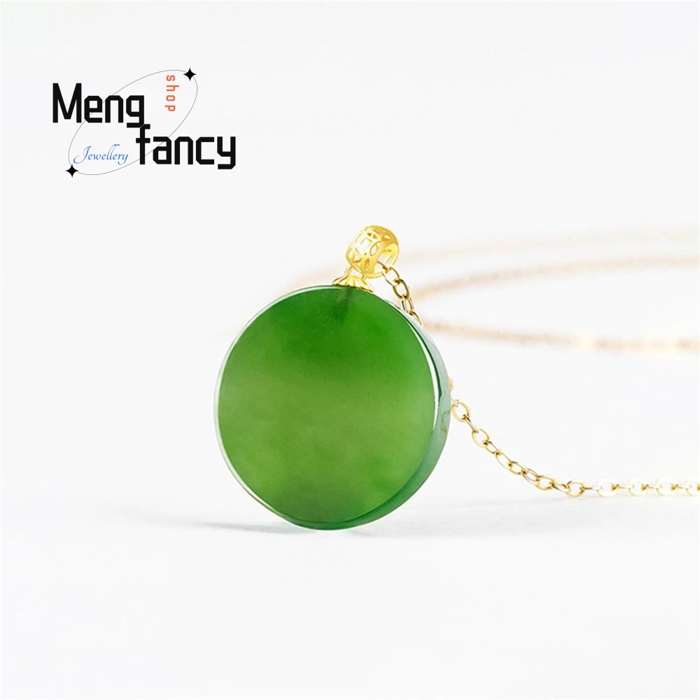 

Genuine Hetian Jade Spinach Green Material Natural Jasper Small Round Medallion Nothing Pendant 18K Gold Luxury Quality Jewelry