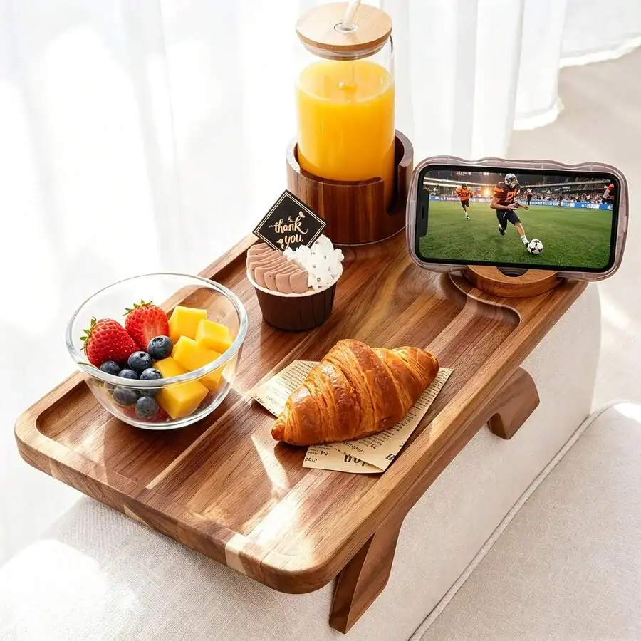 Etcrispy Acacia Wood Grain 3-In-1 Spring-Loaded Couch Arm Tray Table - Clip-On Sofa Accessory With Anti-Slip Pads, Stable Surface, Cup Holder, 360 °   Rotator Phone Holder, Ideal For TV Watching, Thoughtful Gift, Rectangle Wood Table, Fits 13.7