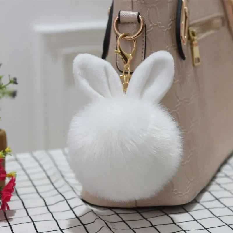 

Customized Bag Pendant Accessories Plush Keychain Hanging Cute Rabbit Ears Faux Fur Hairy Ball Key Chain for Women Gril Key Ring