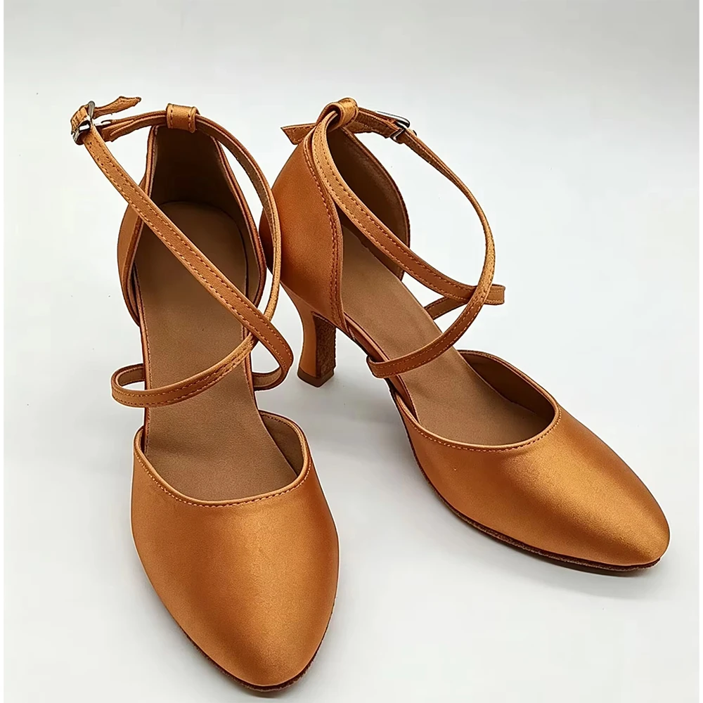 

7.5cm Ballroom Dance Shoes Stable Bronze Satin Closed Toe Latin Ballroom Suede Sole Women Dance Shoes 2026