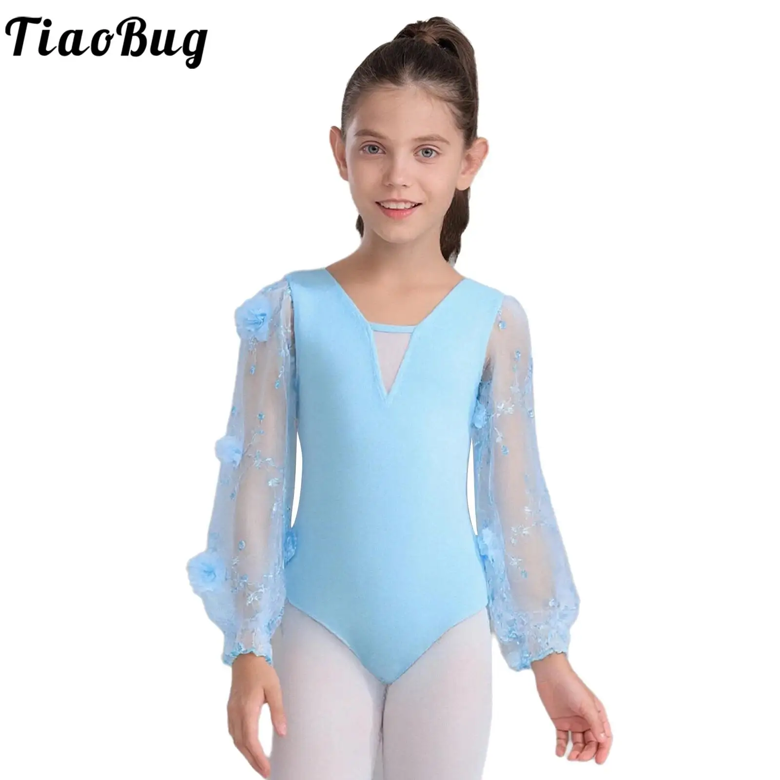 

Girls Dance Leotards for Ballet Jumpsuits Child 3D Flowers Embroidery Sheer Mesh Long Sleeves Dance Leotard Ballerina Dancewear