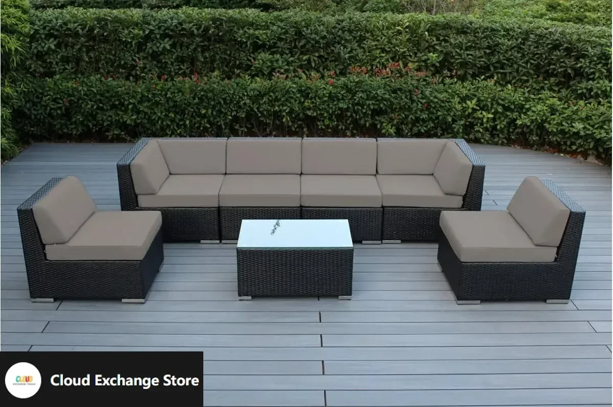 

7-Piece Outdoor Patio Furniture Sectional Conversation Set, Black Wicker with Sunbrella Taupe Cushions - No Assembly