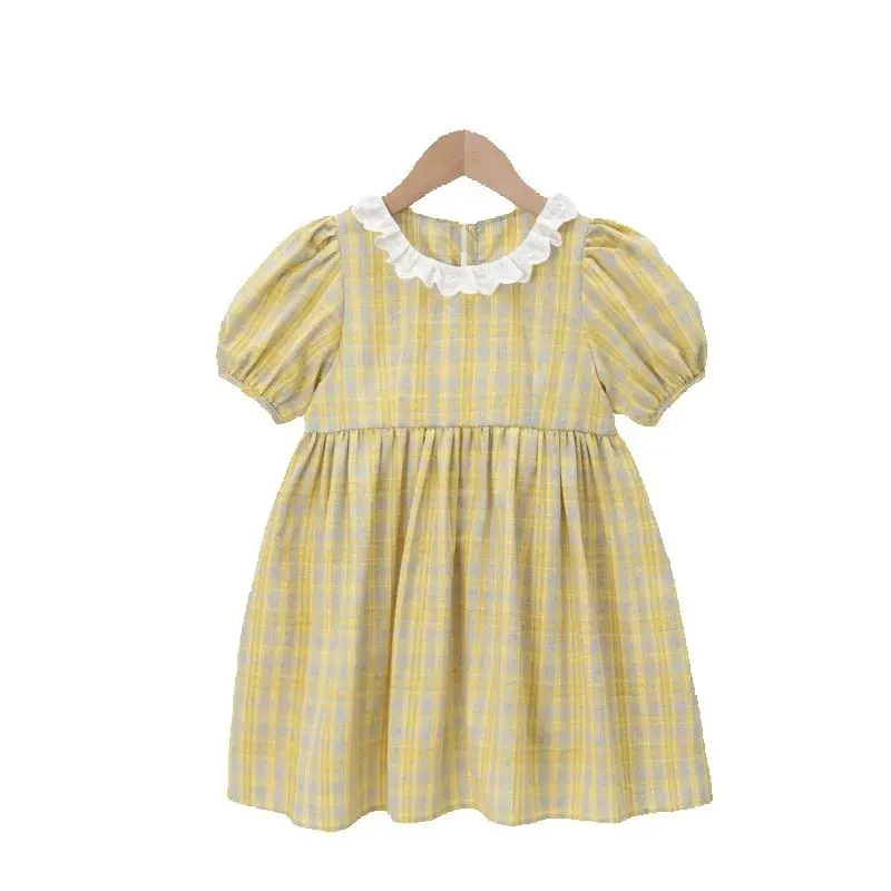 Korean version 2024 new children's dress girls summer pure cotton lace collar dress baby bubble short sleeved dress1-5Y