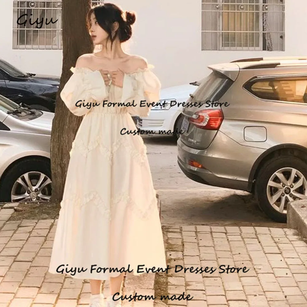 

Giyu Simple A-line Korea Wedding Dress Photoshoot Off The Shoulders Draped Tea-Length Vestidos Novias Boda Summer Dress 웨딩드레스