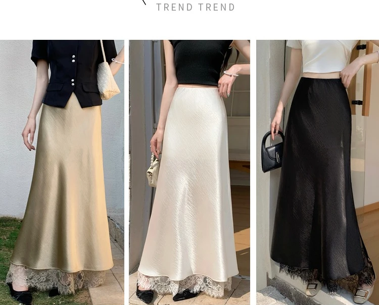2026 Sommer Herbst Neuer Schlanker Hochwertiger Modischer Halbrock Eleganter Spitzenbesatz Satin Seitenschlitz Damen Midi-Rock – Detail 5