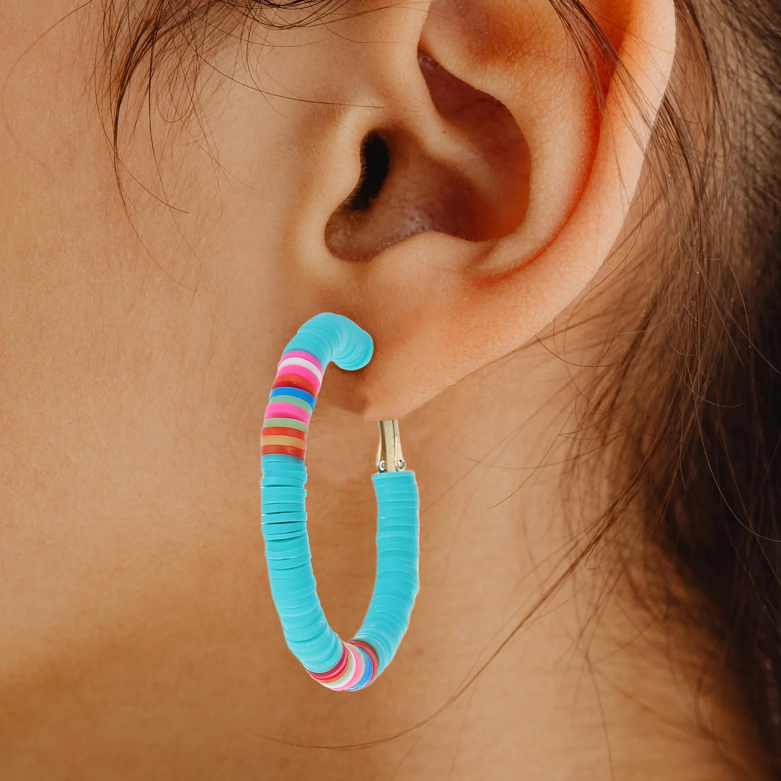 

Colorful Polymer Clay Earrings Bohemian Open Hoop Beaded Lightweight Alloy Disc Beads Multiple Color Options Statement