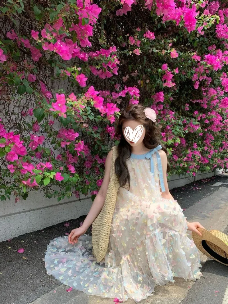 

Sweet Hot Girl Three-dimensional Butterfly Dress Women's Summer O-neck Sleeveless Loose A-line Mesh Dress Fashion Female Clothes