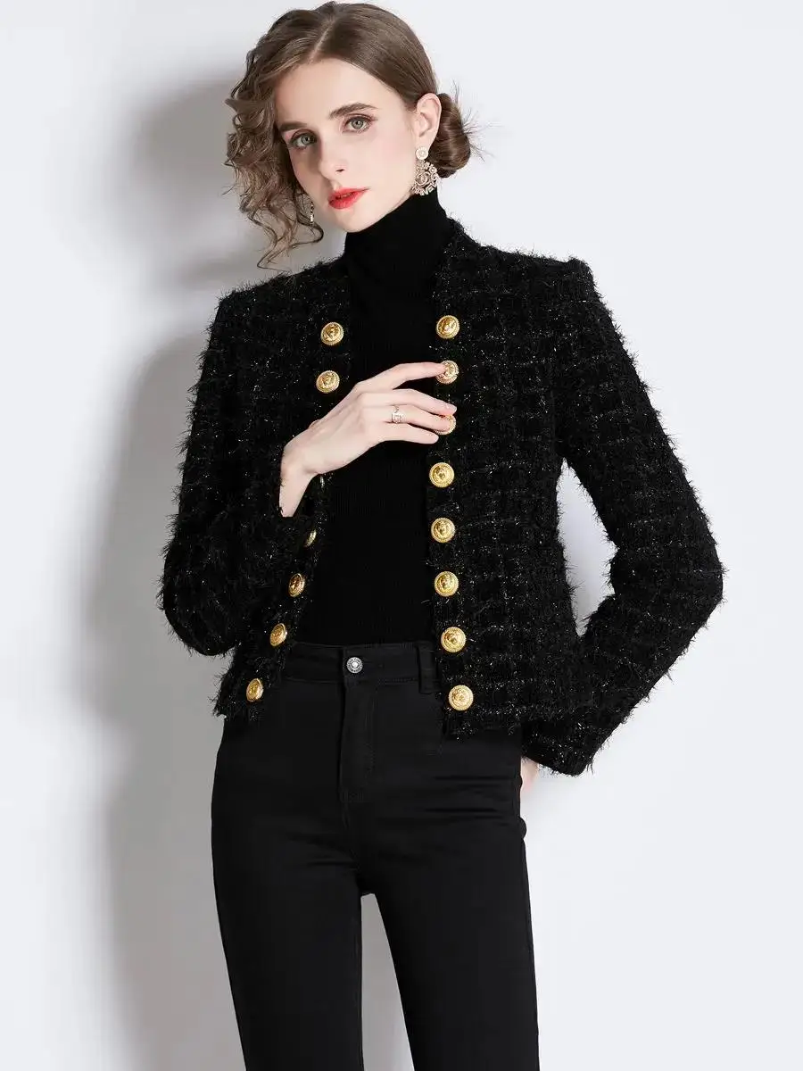 Women Black Tweed Short Cardigan Slim Outwear Jacket Top Autumn Winter New Metal Double Breasted Tassel Bright Silk Wool Coat