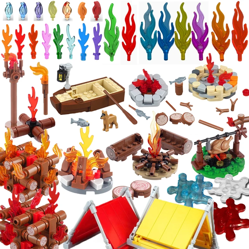 MOC Medieval Building Blocks Compatible Flame Feather Camping Wooden Pile Bonfire Tent Accessories Model Mini Bricks Toys Gifts