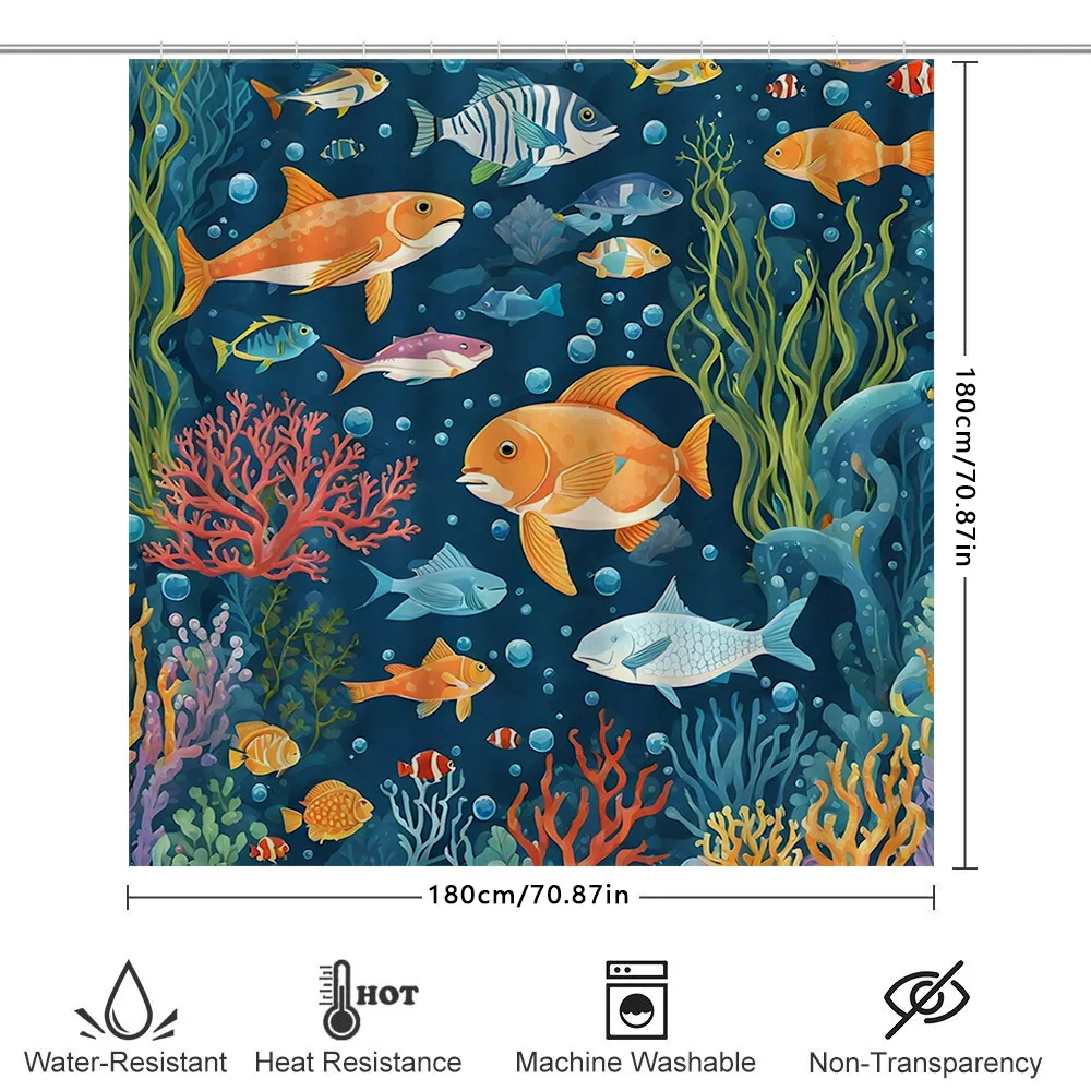 ستارة دش عالمية تحت الماء مطبوعة مرجانية على شكل سمكة نابضة بالحياة لديكور الحمام قماش مقاوم للماء مع حلقات بمقاسات مختلفة متوفرة #6