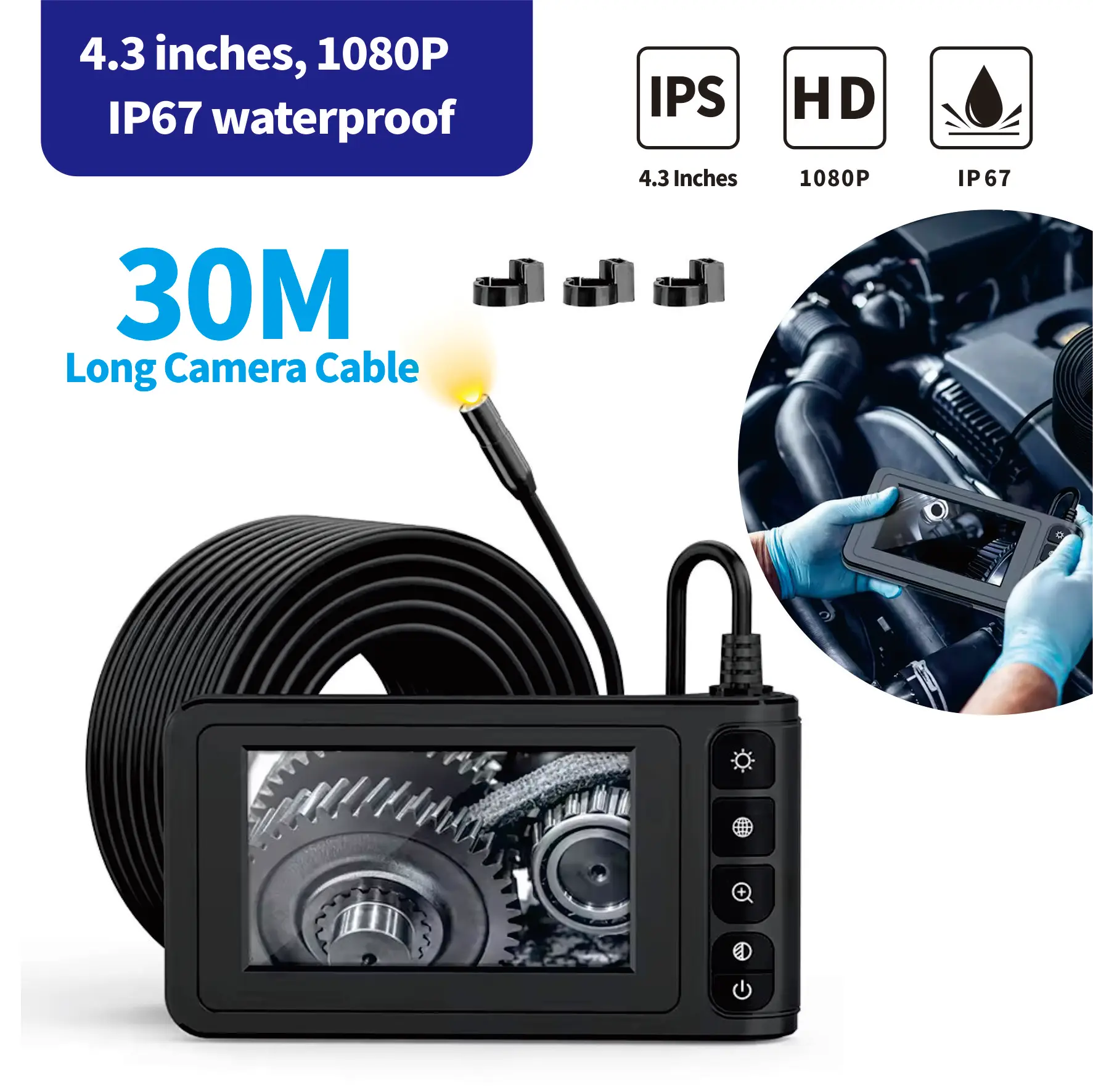 tubo flexivel endoscopica camera para carros inspecao fio esgoto tubo cabo video piping ips ips 1080p full hd 43 mm 30m 01