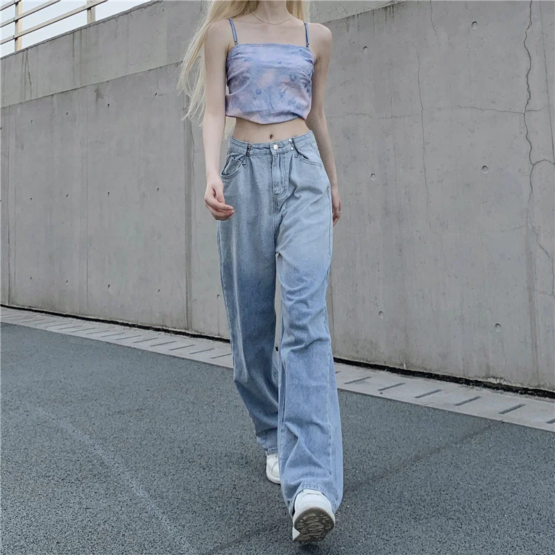 Women Summer New Casual Loose Denim Pants 2024 Low Waist Mom Fit Straight Wide Leg Jeans Gradient Light Blue Baggy Jean Female