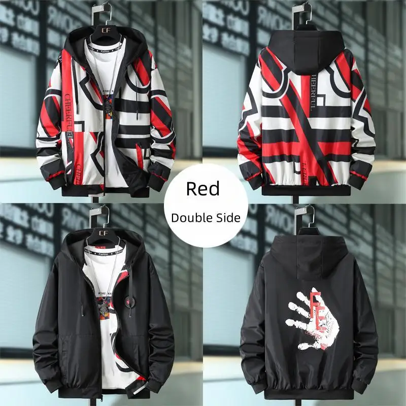 UETEEY 2024 New Double-sided Jacket For Men Casual Hip Hop Geometric Pattern Windbreaker Lightweight Outerwear Male Coat Autumn