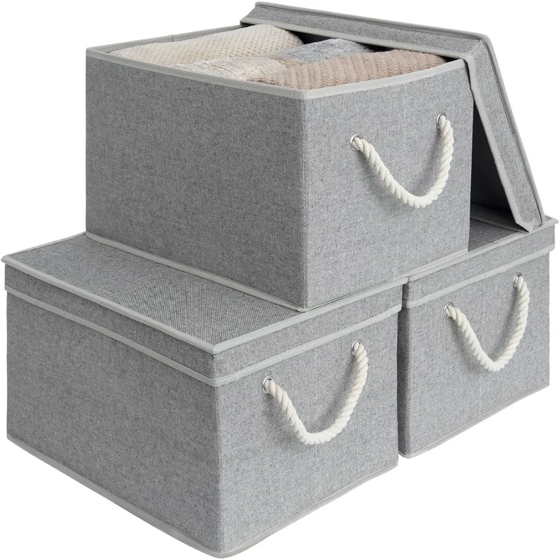 Decorative Storage Boxes with Lids and Soft Rope Handles, Gray, Jumbo, 3-Pack, 17