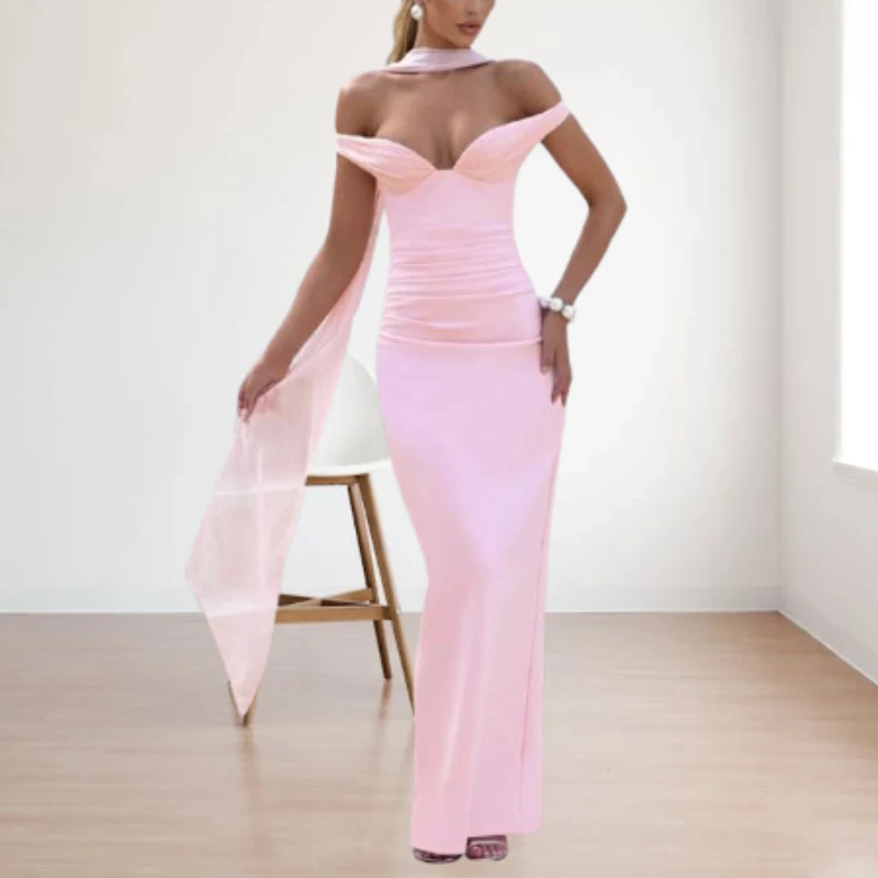 Klasyczna sukienka maxi Bangniweigou z odkrytymi ramionami, dopasowana, z szalem, damska, bez rękawów, elegancka, marszczona, z rozcięciem, różowa suknia na imprezę.