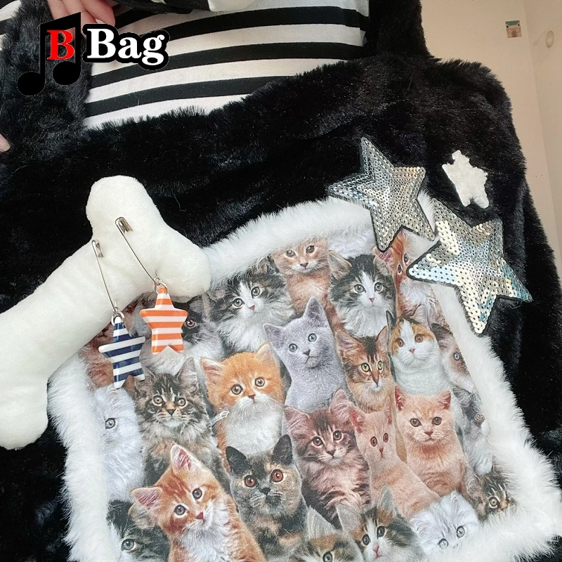 Millennial plush cute kitten pattern subculture woman large capacity bag messenger shoulder handbag autumn and winter tote