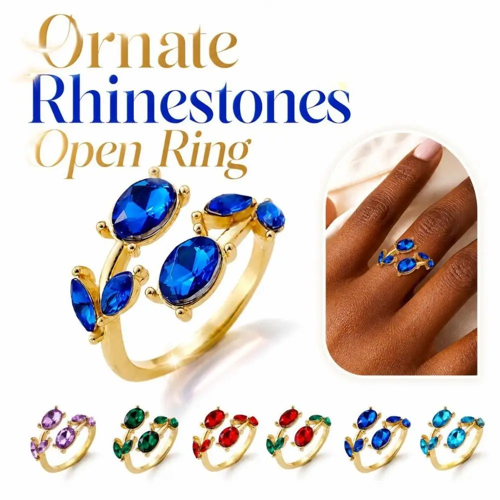 Adjustable Rhinestones Open Ring Multicolor Sparkling Leaf-shaped Ring Ornate Crystal-inlaid Floral Statement Ring Daily Wear