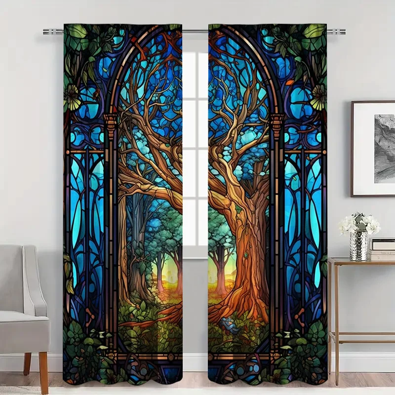 2pcs Stained Glass Forest Curtains with Rod Pocket Design, Sheer Light Filtering Colorful ,  Window Scenery for Living Room