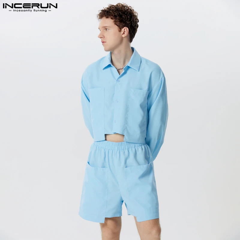 INCERUN Men Sets Solid Color Lapel Long Sleeve Shirt & Shorts Two Pieces Sets 2024 Streetwear Fashion Men\'s Casual Suits S-5XL