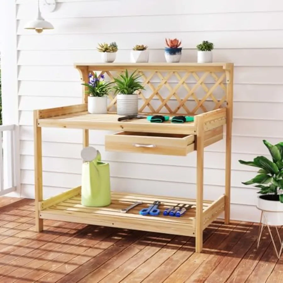 Potting Bench, Wood Potting Table with 3-Tier Shelves, 1 Drawer, Outdoor Wooden Workbench W/Lattice Trellis, Indoor Outdoor Pla