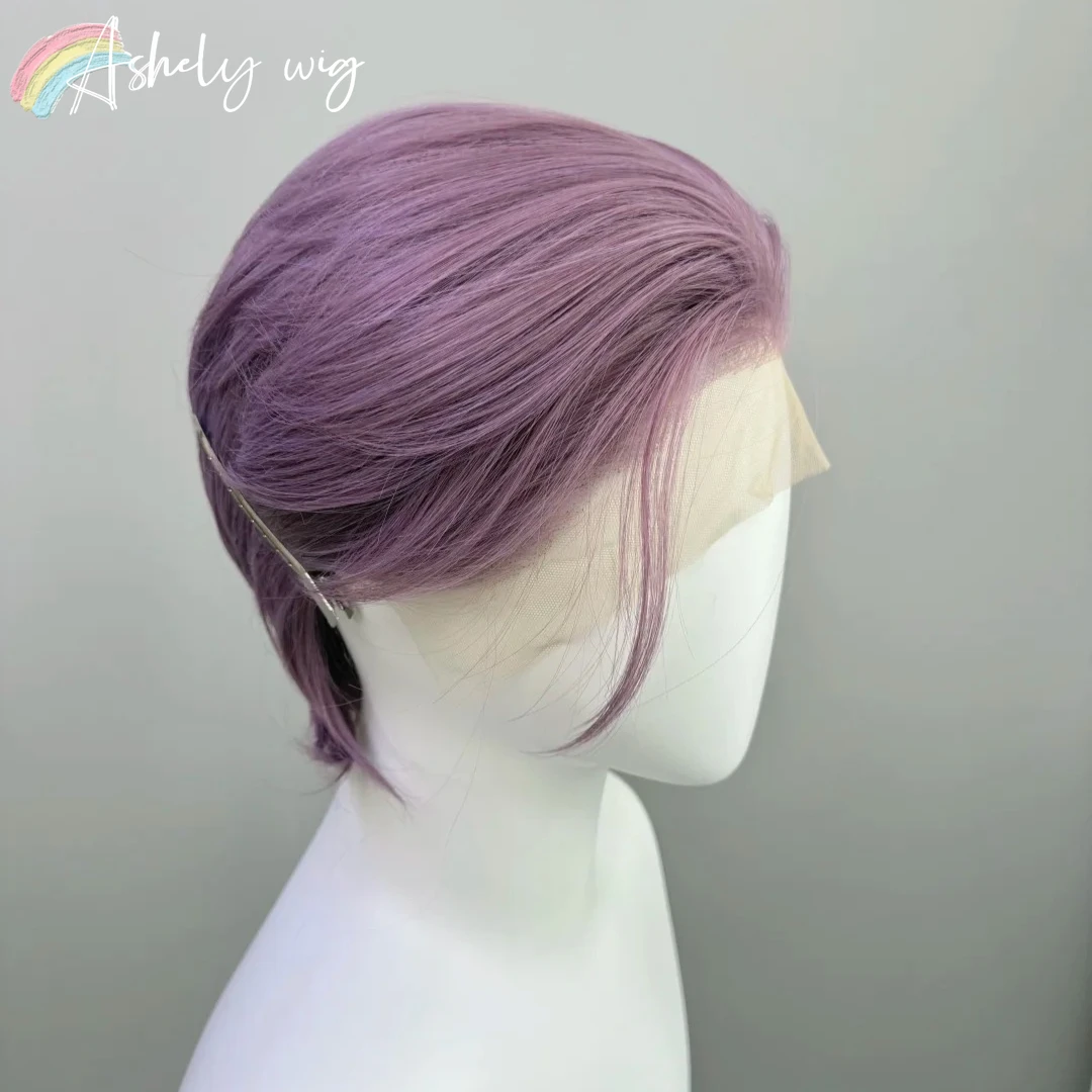 

Purple Short Wig for Men 8inch Dark Purple Women Straight Glueless 13x4 HD Synthetic Lace Front Wig Natural Hairline for Coslay
