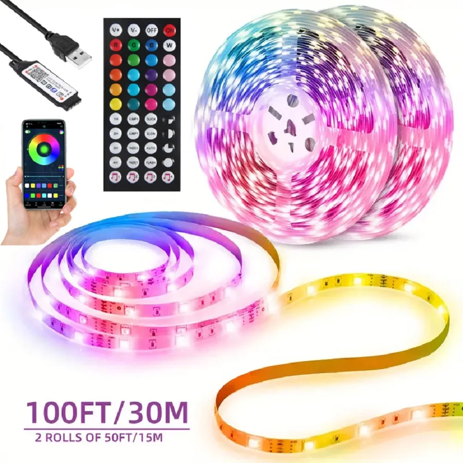 30M/100FT LED Strip Lights 44Key Remote Bluetooth Color Changing RGB Tape Lights for Home Party Decoration TV Backlight Ribbon