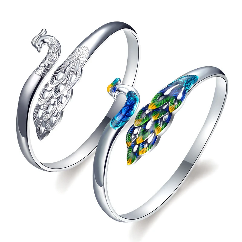 

S999 Pure Silver Cloisonné Peacock Bracelet for Women, Open-Backed Ethnic Solid Silver Ring Jewelry Valentine's Day Gift