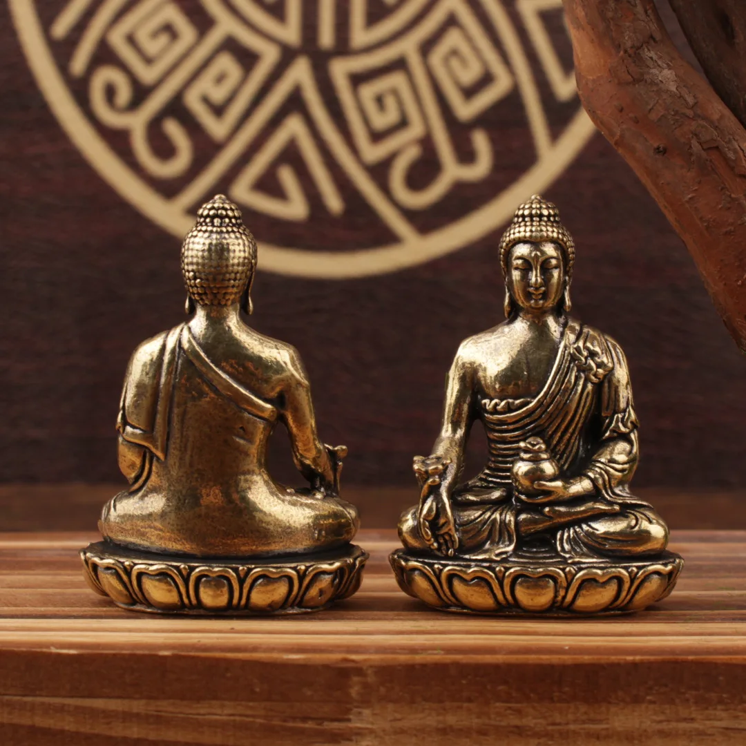 Brass Guanyin Bodhisattva Buddha Pharmacist Buddha Statue Small Ornament Sitting Buddha Bronze Crafts Desktop Small Ornament
