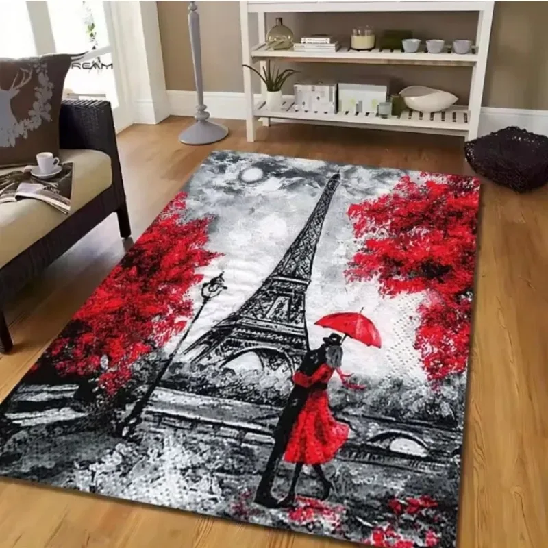 Vintage Paris Eiffel Tower Artistic Living Room Rug, French Retro Non-Slip Floor Mat, Easy Clean Artistic Home Decoration Rug