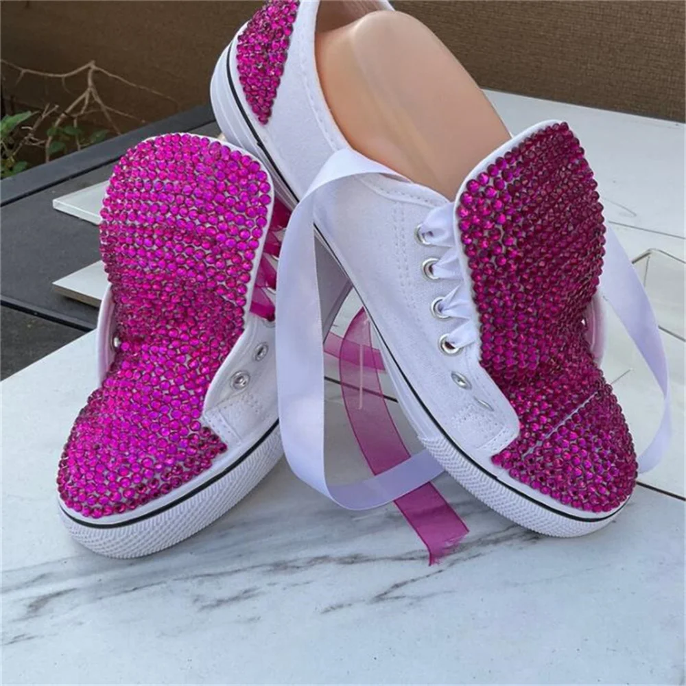 White low top purple rhinestone ribbon accessories custom style canvas shoes integrated sports casual shoes women\'s shoes 35-46