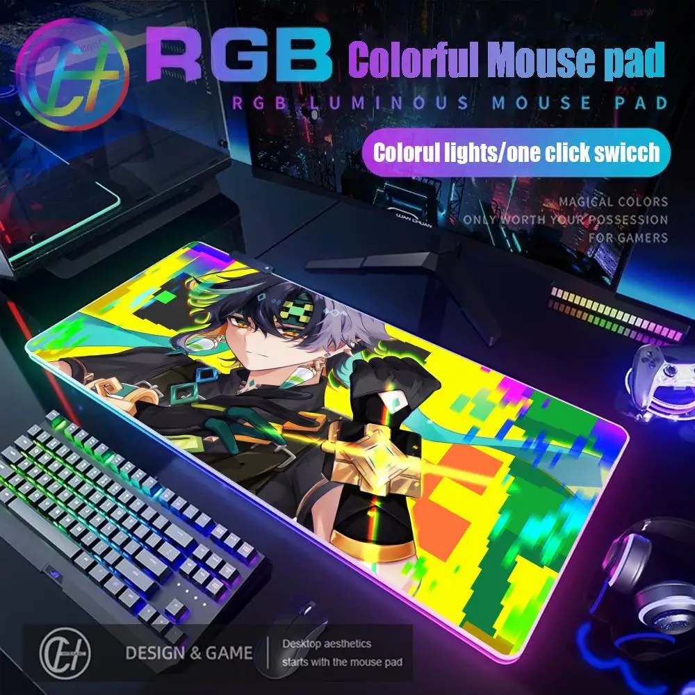 

HYBXAXC 90X40 Cool Anime Kinich Genshin Impact Mouse Pad RGB Gaming Mouse Pad Desk Mat HD Gamer Large LED Light XXL Mouse Pad