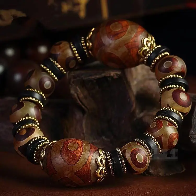 

Tibet Three-eye Dzi Bead Bracelet Men's Dzi Bead Bracelet Women's Chalcedony