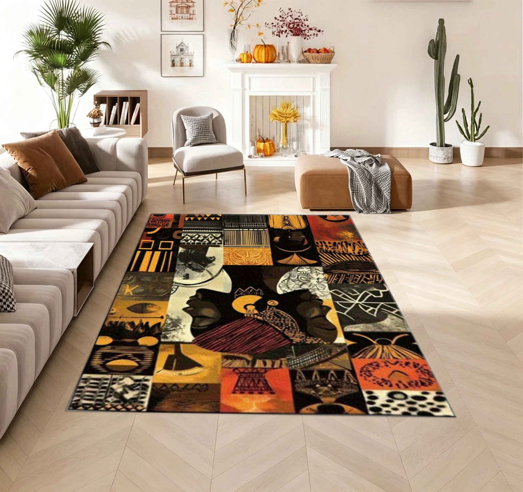 African Ethnic Female Portrait Collage Print Carpet Retro Tribal Pattern Floor Mat Home Decoration Carpet