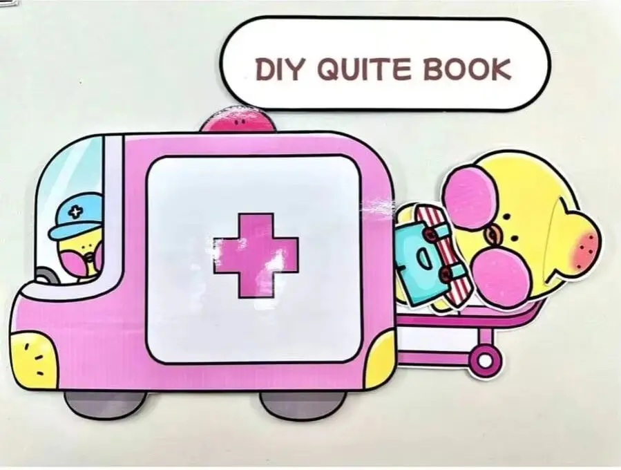 Niedliches Enten-Krankenwagen-Thema Aufkleberbuch, 3D-Szenen, Verkleiden, Rollenspiel, DIY Quiet Book Bastelset