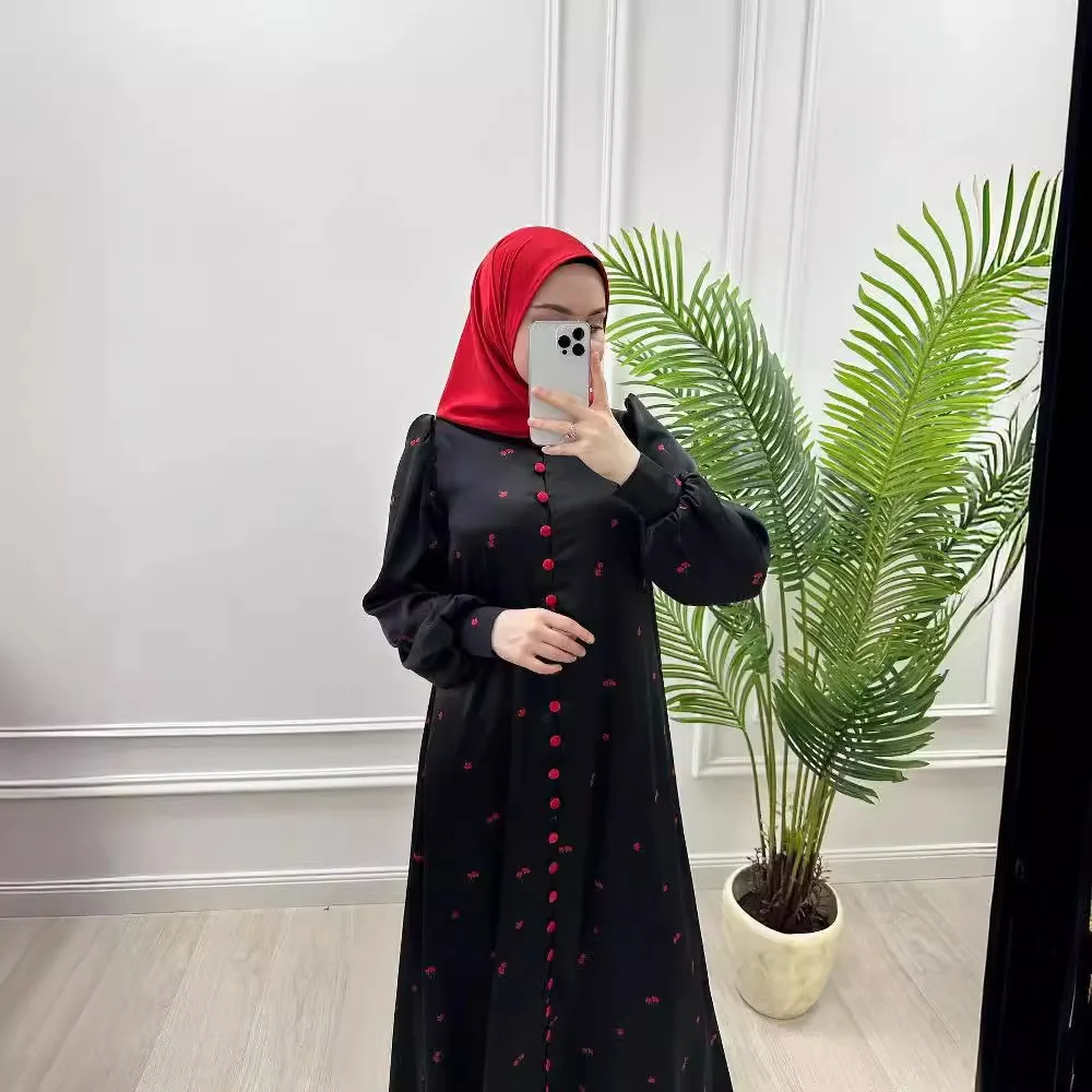 

Fashion Muslim Dress Ladies Elegant Floral Printed Dress Solid Long Sleeve Crew Collar Slim Ruffled Loose Long Dresses