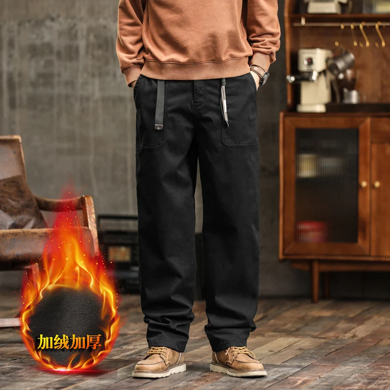 2025 خريف شتاء جديد سراويل تقليدية رجالية حجم كبير بسيط متعدد الاستخدامات مستقيم الساق مبطنة بالصوف سميكة السراويل البضائع في الهواء الطلق #1