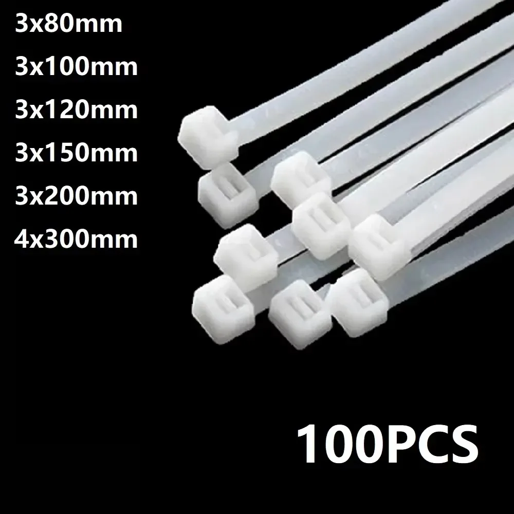 100Pcs White Self-Locking Nylon Industrial Cable Tie 1.99mm X 80/100/120/150/200 mm 2.7mm X 300 mm Fasten Cable Organiser Wire C