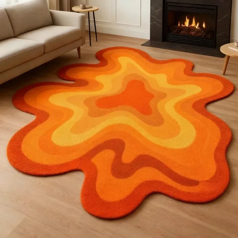 Warm Orange Wave Cloud Rug Ins Cream Style Soft Non Slip Floor Mat for Living Room Fireplace Bedroom Viral Decor