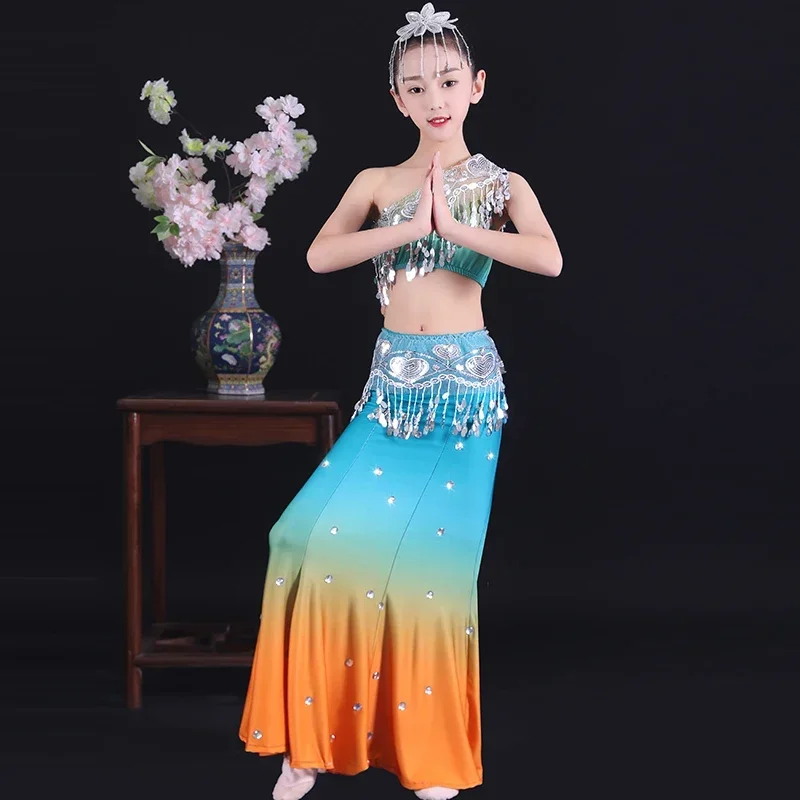 Strój narodowy dla dziewcząt do tańca pawia, rybka, Dai, taniec ludowy, kostium sceniczny do tańca pawia, występ.