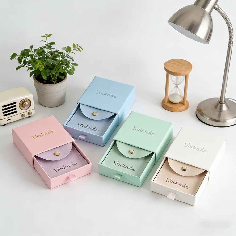 

24Pcs Customized Logo Pink Paper Drawer Box Jewelry Ring Earrings Necklace Boxes Velvet Button Snap Bags Bracelet Gift Packaging