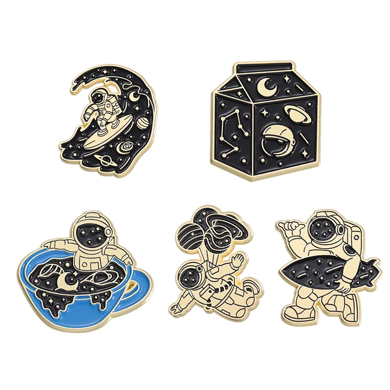 Cartoon Astronaut Enamel Pin Milk Box Coffee Cup Surf Brooch Lapel Badge Jewelry Gift for Friends Kids