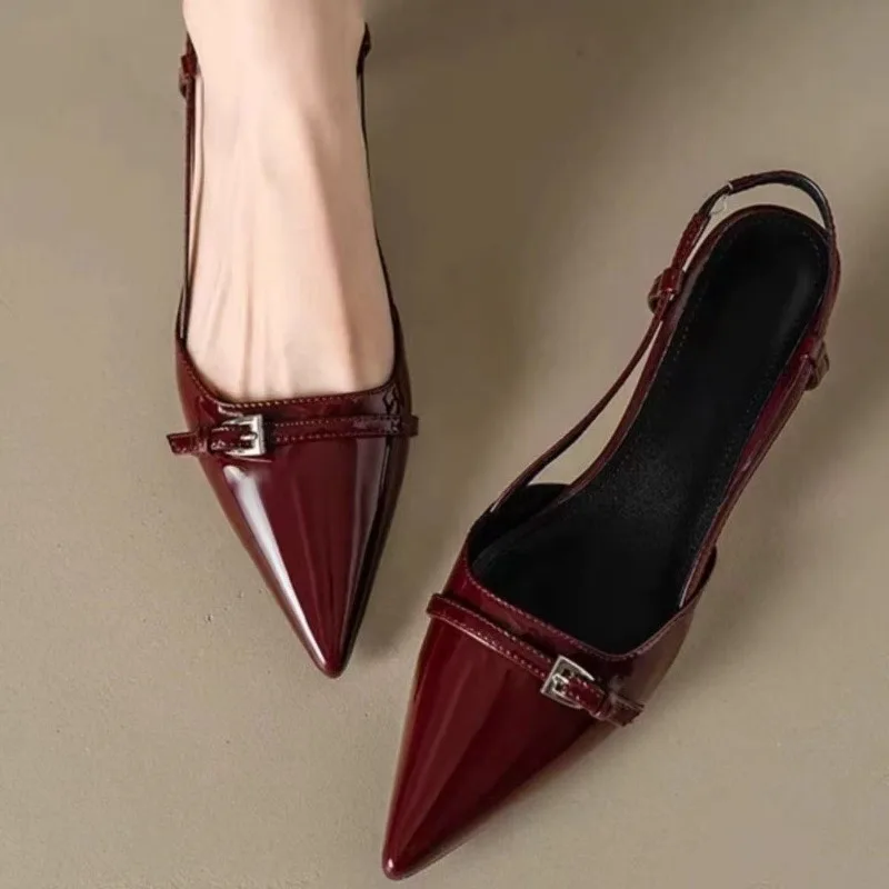 New Summer Women's Dress Shoes Patent Leather Slip on Pointed Toe Sandals Buckle Slingbacks Mid Heels Pumps Sandalias Mujer